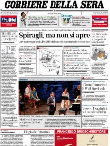 La prima pagina del Corriere della Sera