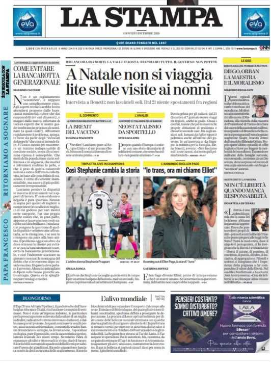 La prima pagina de La Stampa