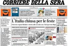 La prima pagina del Corriere della Sera