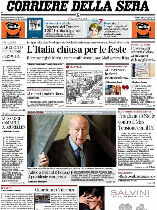 La prima pagina del Corriere della Sera