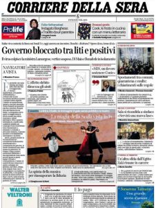 La prima pagina del Corriere della Sera