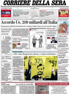 La prima pagina del Corriere della Sera